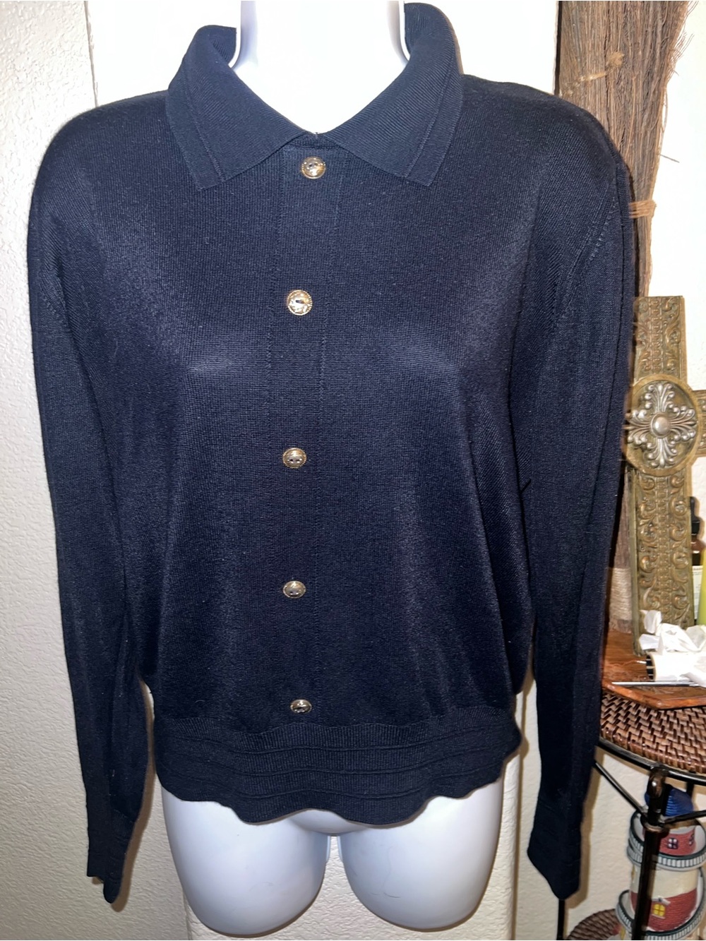 Navy blue Button-Up Knit Cardigan with Gold Buttons